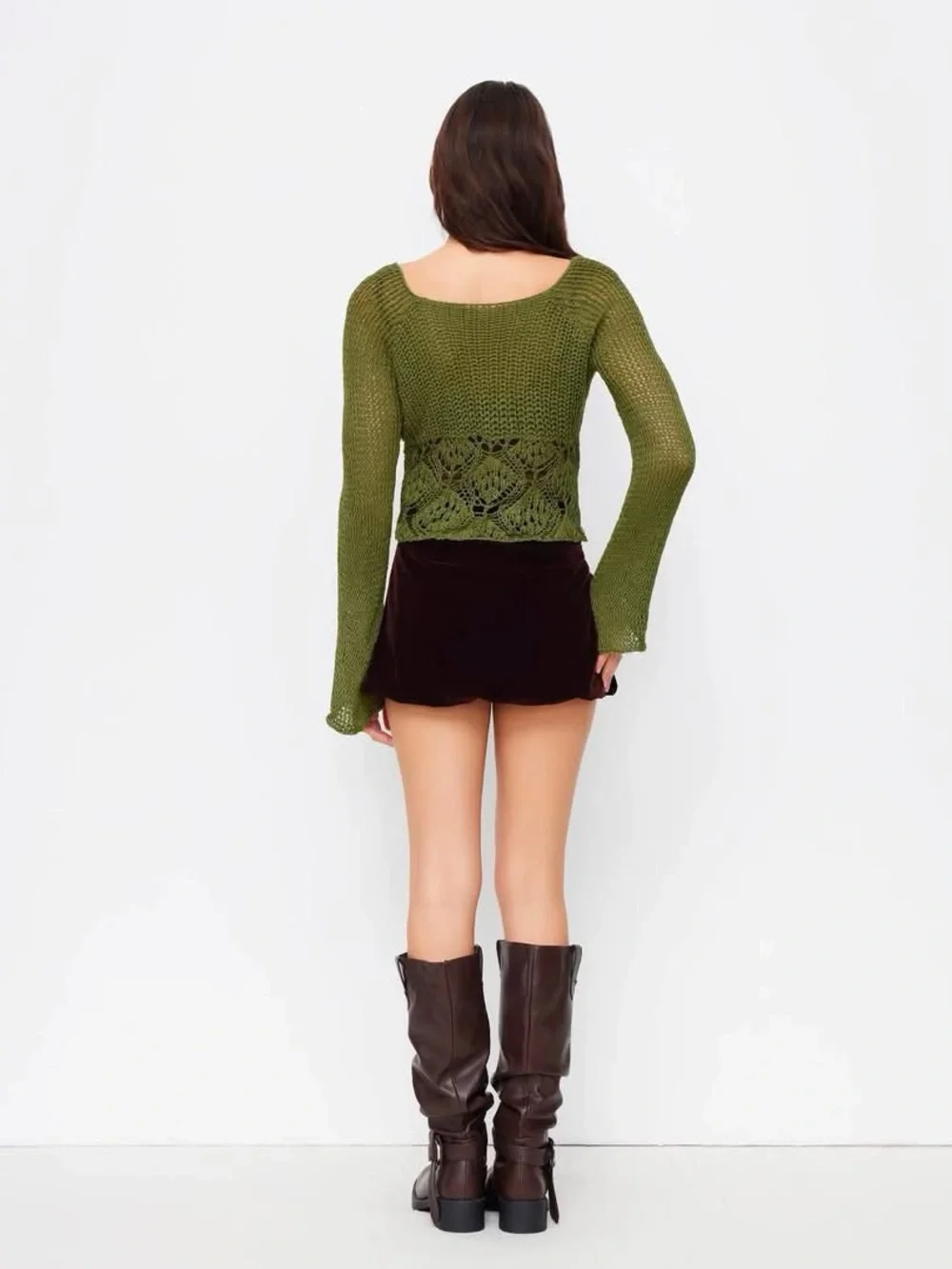 Cider KNIT V-NECK BELL SLEEVE HOLLOW OUT KNOTTED SEE-THROUGH CARDIGAN large nwt